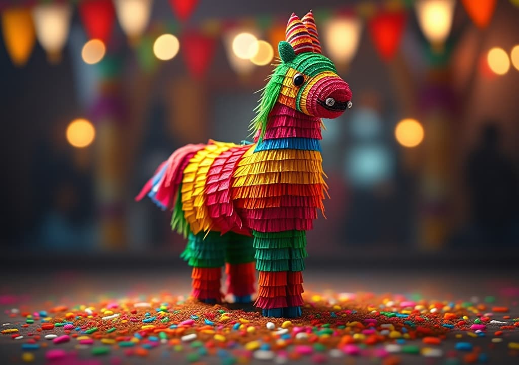  mexican piñata for birthday or cinco de mayo with sprinkles space for text on cards or invitations, high quality, high details, hd, perfect composition, 4k epic detailed, highly detailed, sharp focus, high resolution