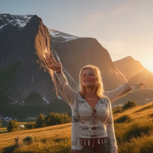 An image of a smiling woman named Anna wearing a traditional Norwegian sweater looking directly at the camera in (((a Norwegian landscape))) during sunrise, saying 'God morgen'. She is standing on a hill with mountains in the background, doing a greeting gesture with her head, soft, warm morning lighting, detailed, realistic. In the evening version, the same woman in the same sweater is looking at the camera in (((the same Norwegian landscape))) during sunset, saying 'God kveld', standing on the same hill but with the sun setting behind the mountains, golden hour lighting, detailed, realistic.