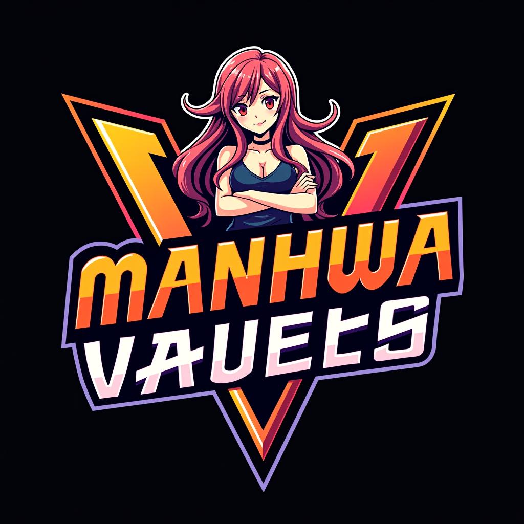  good quality, high quality, a graphic design logo for "manhwa vaults," featuring bold, stylized manga style text with a hot manga style girl leaning against the "v." the girl has long, flowing hair and a confident pose. the color scheme uses sharp contrasts, with vibrant accents to capture the dynamic energy of manga.