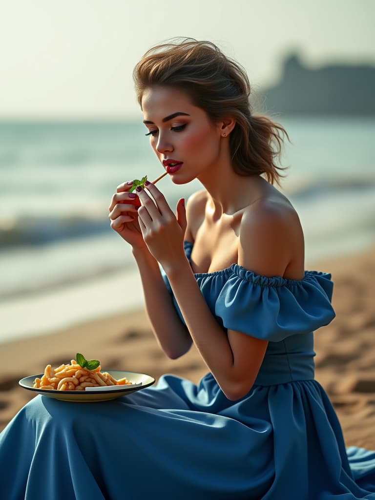  the lady in a blue dress is eating by the beach. hyperrealistic, full body, detailed clothing, highly detailed, cinematic lighting, stunningly beautiful, intricate, sharp focus, f/1. 8, 85mm, (centered image composition), (professionally color graded), ((bright soft diffused light)), volumetric fog, trending on instagram, trending on tumblr, HDR 4K, 8K