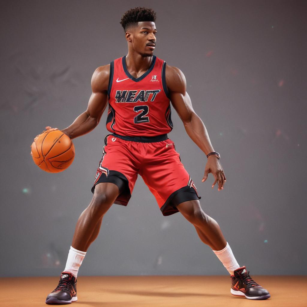 distance-shot, flashy, full-body, dynamic, holographic, animated cartoon poster of miami heat player jimmy butler in the style of dragon ball super