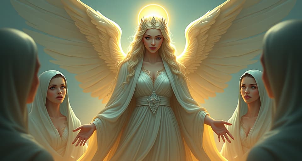  an ethereal empress, in glowing robes, surrounded by celestial beings. the expressions of the surrounding figures reflect realization as they acknowledge loss of control.. the style is digital art illustration,highly detailed, whimsical,magical, dreamlike atmosphere, realism and fantasy blend, smooth, glossy textures,luminous quality, wonder and enchantment.