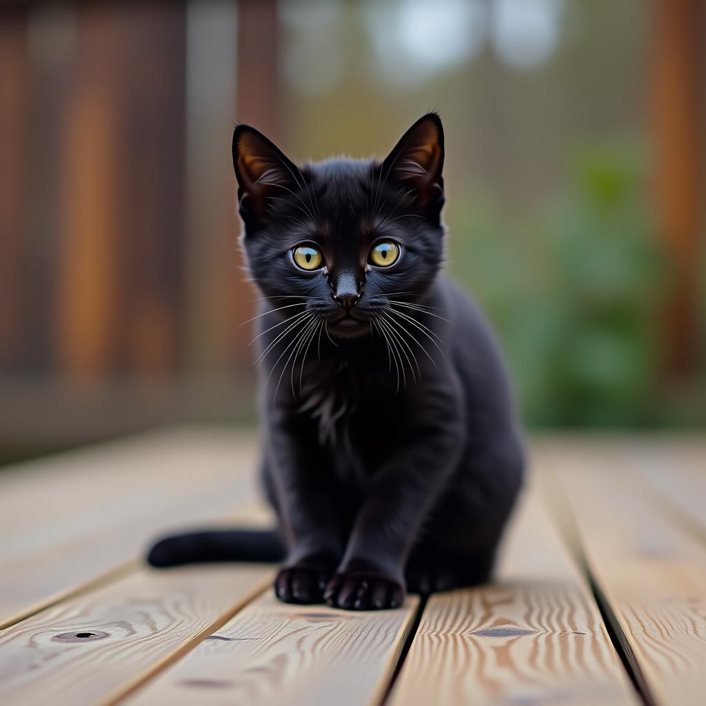  a little black cat is sitting on the wooden.