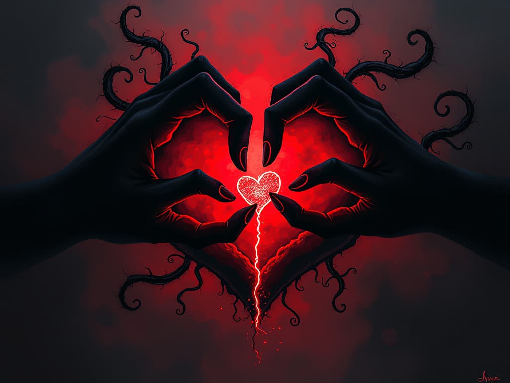  shadowy tendrils masquerading as a heart, breaking apart, red glowing fractals, symbolizing false love and escaped darkness. the style is digital art illustration / modern comic book / graphic dark novel fantasy and mysterious occult, symbolic, moody lighting, esoteric vibe,high detail on character design. for the color scheme emphasize blacks and reds.