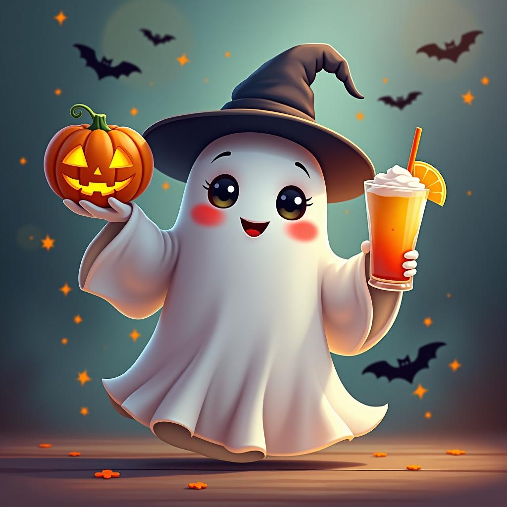  create a digital painting featuring a cute ghost character. the ghost should be wearing a hat. in one hand, the ghost should hold a pumpkin with a carved face, and in the other hand, a halloween themed drink. the background should be colorfull and include small black bats and stars to add a playful halloween touch. the overall style should be cute, whimsical, and colorful hyperrealistic, full body, detailed clothing, highly detailed, cinematic lighting, stunningly beautiful, intricate, sharp focus, f/1. 8, 85mm, (centered image composition), (professionally color graded), ((bright soft diffused light)), volumetric fog, trending on instagram, trending on tumblr, HDR 4K, 8K