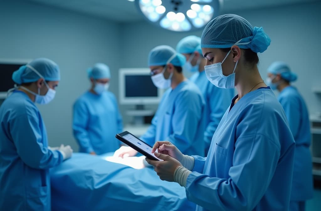  doctor utilizing advanced digital tablet technology in modern healthcare. medical professional in operating room analyzing real time patient data, cutting edge medical innovations and solutions. ar 3:2 {prompt}, maximum details