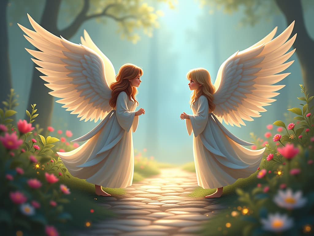  angelic guardians with ethereal wings, standing vigilant, pathway lined with sparkling flowers, serene environment. the style is digital art illustration,highly detailed, whimsical,magical, dreamlike atmosphere, realism and fantasy blend, smooth, glossy textures,luminous quality, wonder and enchantment.