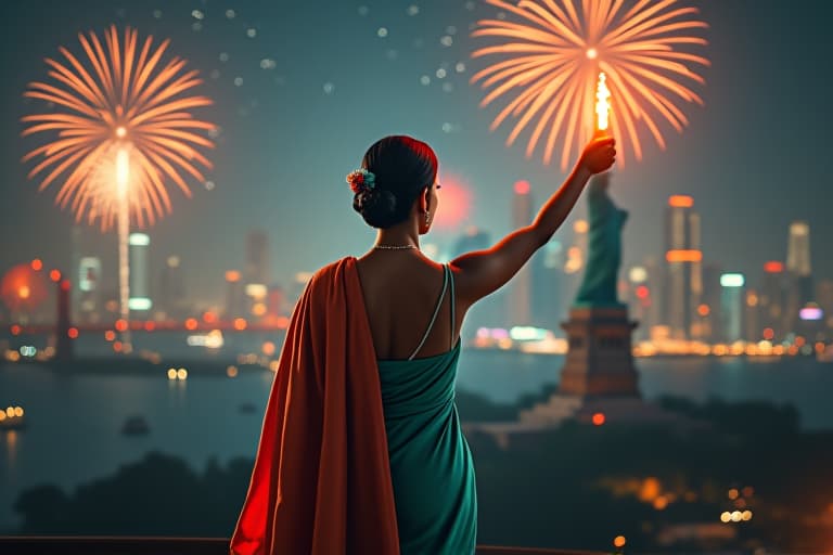  (indipendence day) india cityscape in style of harrison fisher, lady searing a shree made of the indian flag and colorful fireworks and the statue of liberty hyperrealistic, full body, detailed clothing, highly detailed, cinematic lighting, stunningly beautiful, intricate, sharp focus, f/1. 8, 85mm, (centered image composition), (professionally color graded), ((bright soft diffused light)), volumetric fog, trending on instagram, trending on tumblr, HDR 4K, 8K