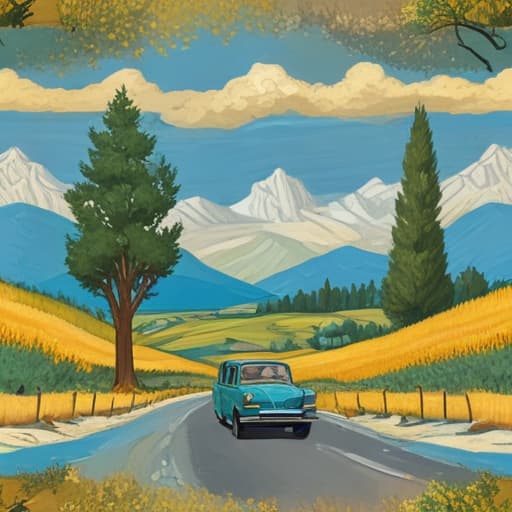 Mountains, trees, field, winding road, GM car in Van Gogh style with Nature background