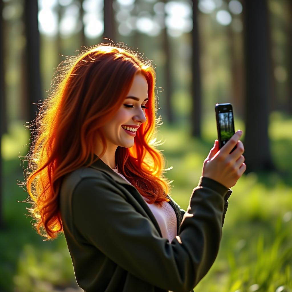  a red haired woman smiles as she looks at her photo in the phone gallery while in the forest. it's noon. the bright sun casts her shadow on the grass.