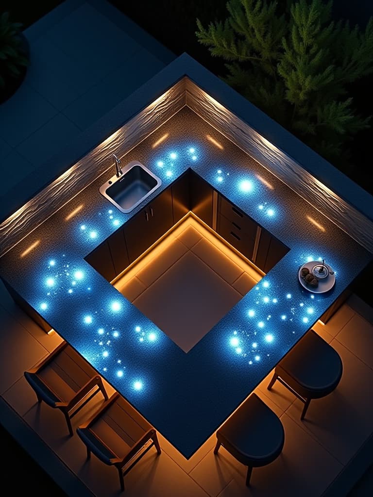  high quality portrait photo of an overhead view of an l shaped outdoor kitchen counter with fiber optic lights embedded in the countertop, creating a starry night effect hyperrealistic, full body, detailed clothing, highly detailed, cinematic lighting, stunningly beautiful, intricate, sharp focus, f/1. 8, 85mm, (centered image composition), (professionally color graded), ((bright soft diffused light)), volumetric fog, trending on instagram, trending on tumblr, HDR 4K, 8K