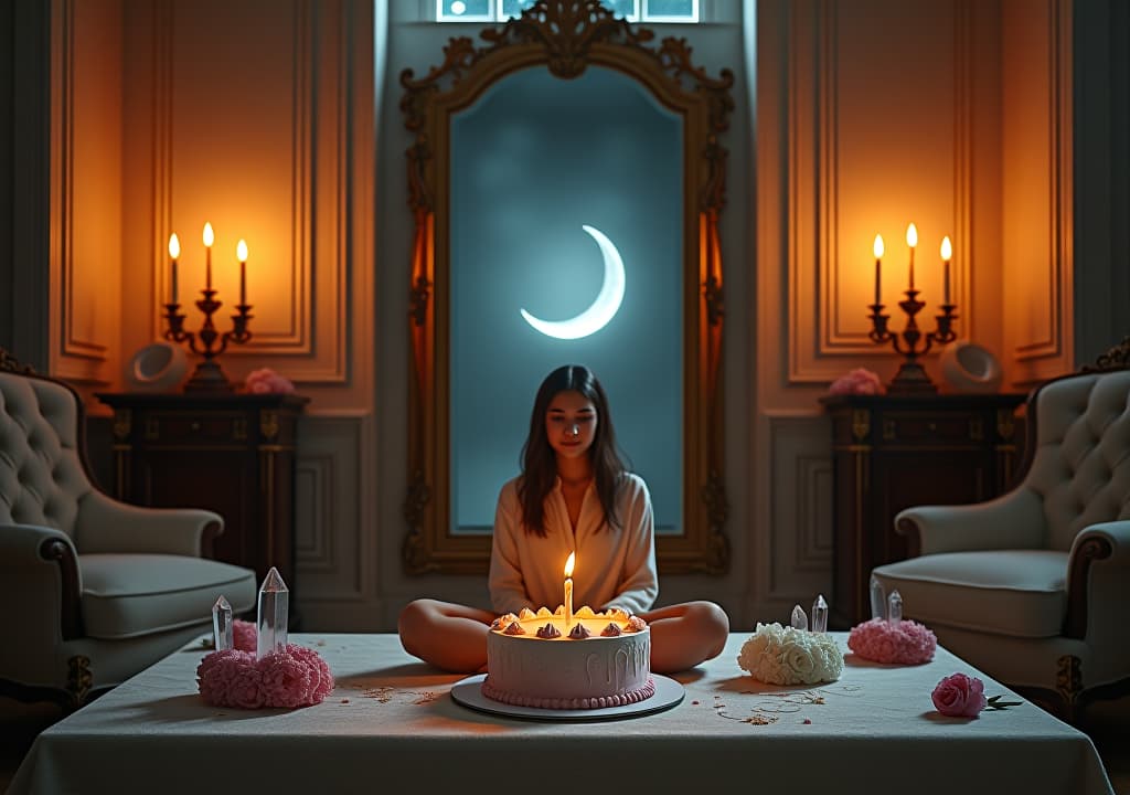  a serene, candlelit room with a large, ornate mirror, a birthday cake with a single, glowing candle, and a person sitting cross legged, surrounded by crystals, flowers, and a crescent moon glow. hyperrealistic, full body, detailed clothing, highly detailed, cinematic lighting, stunningly beautiful, intricate, sharp focus, f/1. 8, 85mm, (centered image composition), (professionally color graded), ((bright soft diffused light)), volumetric fog, trending on instagram, trending on tumblr, HDR 4K, 8K