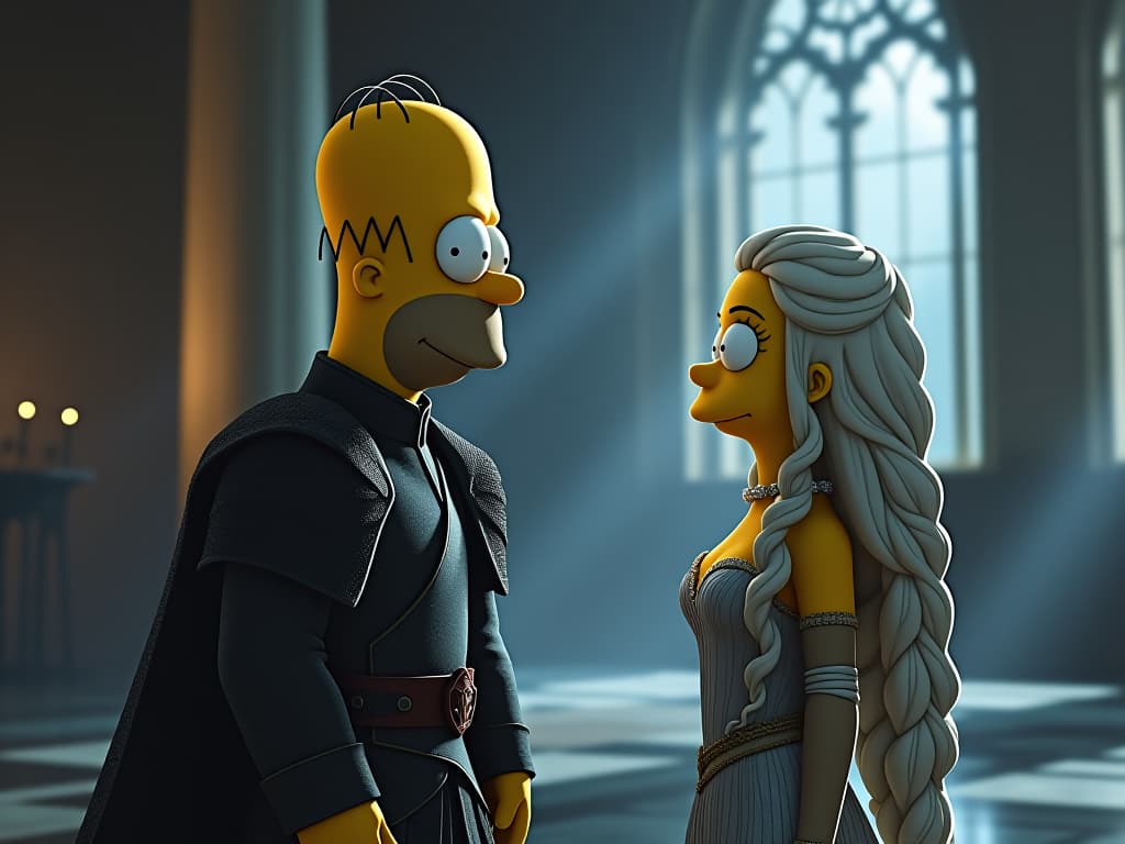  homer simpson adoring daenerys targaryen hyperrealistic, full body, detailed clothing, highly detailed, cinematic lighting, stunningly beautiful, intricate, sharp focus, f/1. 8, 85mm, (centered image composition), (professionally color graded), ((bright soft diffused light)), volumetric fog, trending on instagram, trending on tumblr, HDR 4K, 8K