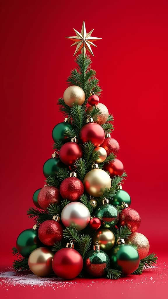  christmas tree made of christmas balls on a red christmas background side {prompt}, maximum details