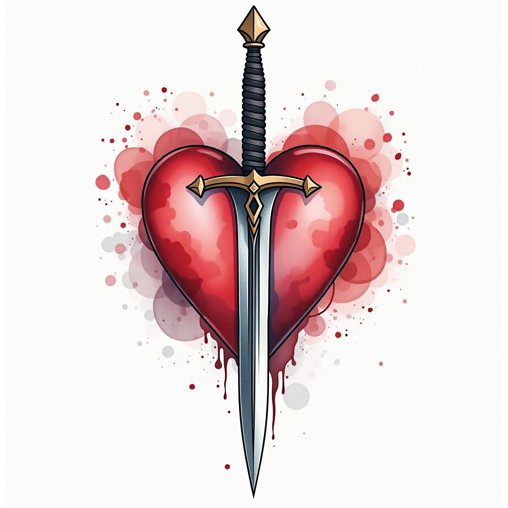  tattoo, watercolor style, sword inside heart, white background