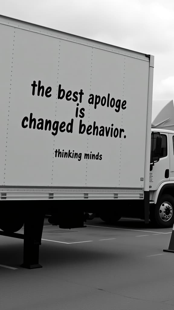  the image shows the side of a large truck, likely a moving truck or a delivery vehicle, with a message written on it in bold, uppercase black letters. the text reads: "the best apology is changed behavior." below this main text, in smaller, uppercase letters, there is a phrase that reads: "thinking minds." the photo is in black and white, and the truck is parked in an outdoor setting. there is another truck visible in the background, partially obscured by the first one. in the foreground, there is a traffic cone on the ground. the overall atmosphere is calm and neutral, with a focus on the message displayed on the truck.