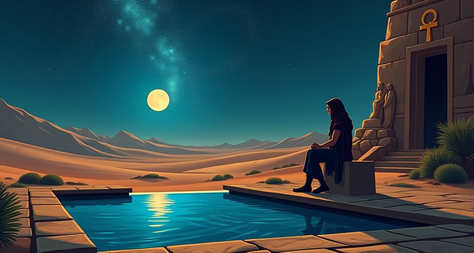  a serene desert oasis under a star lit sky, ancient stone bench beside a still, reflective pool, ankh symbol carved into the stones, soft glow of moonlight, peace and power in quiet moments. the style is digital art illustration / modern comic book / mysterious occult, symbolic, esoteric vibe,high detail on character design, incorporating ancient egyptian symbology and attire.