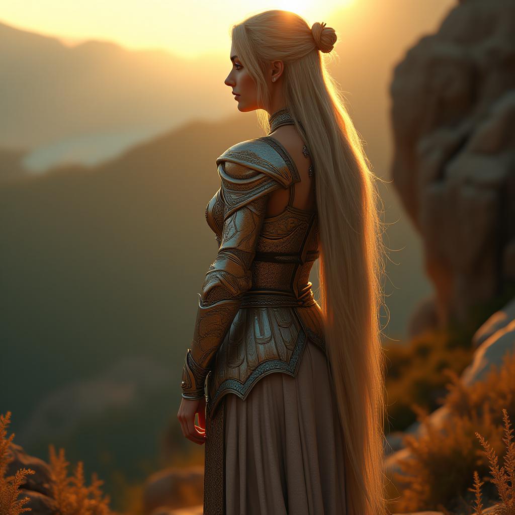  **fantasy warrior queen**: a cinematic portrait of an extremely beautiful blond european woman, dressed in an intricately designed, shimmering armor adorned with jewels. she stands on a rocky outcrop overlooking a vast, enchanted valley during sunset. the scene should emphasize her athletic physique, with her flowing hair catching the golden light. shot with a nikon z7 ii and a 50mm f/1.8 lens, utilizing soft backlighting to create a halo effect around her silhouette. hyperrealistic, full body, detailed clothing, highly detailed, cinematic lighting, stunningly beautiful, intricate, sharp focus, f/1. 8, 85mm, (centered image composition), (professionally color graded), ((bright soft diffused light)), volumetric fog, trending on instagram, trending on tumblr, HDR 4K, 8K