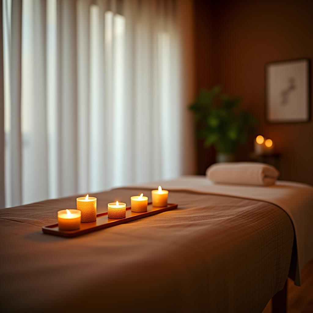  massage room, a table with lit scented candles.