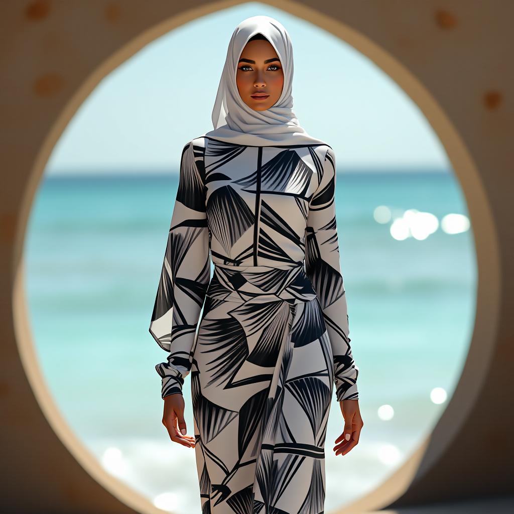  "create an elegant, modest tight fit swim suit with pants design for a middle eastern woman. the model should be 170 cm tall and weigh around 60 kg. the swimwear consists of a long sleeve top with a high neck and front zipper closure. the fabric is a polyester blend, ideal for swimwear, featuring a geometric white and black abstract pattern. the design includes a matching sarong style skirt, with the same geometric pattern draping over the waist and down to the ankles. the overall look should be chic and suitable for beachwear, with a sophisticated balance of modesty and modern style. background: the model is standing by the ocean, framed by a circular archway."  hyperrealistic, full body, detailed clothing, highly detailed, cinematic lighting, stunningly beautiful, intricate, sharp focus, f/1. 8, 85mm, (centered image composition), (professionally color graded), ((bright soft diffused light)), volumetric fog, trending on instagram, trending on tumblr, HDR 4K, 8K