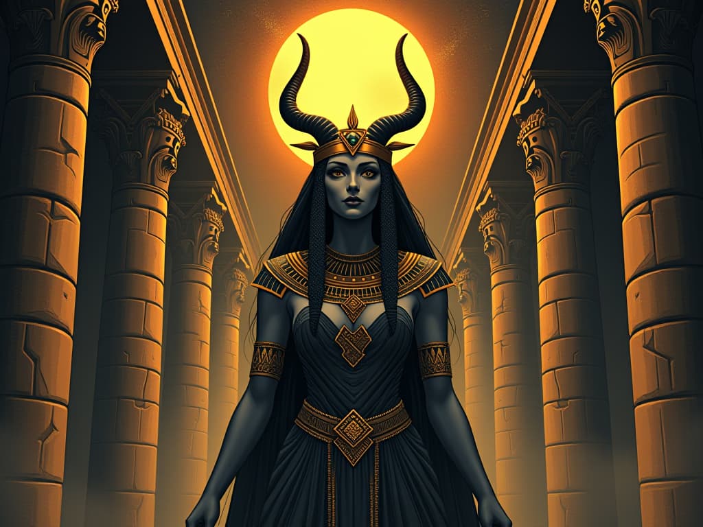  ancient egyptian goddess isis, regal and majestic, elaborate headpiece with solar disc and horns, standing in an ancient temple, mystical, reverent presence. the style is mysterious occult illustration, symbolic, dark gothic sharply contrasting colors, esoteric vibe.