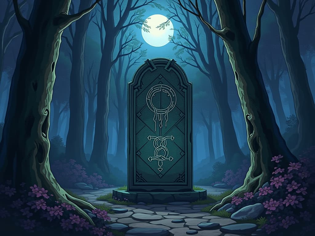  ancient rune stone in a shadowed forest, moonlight casting ethereal glow, mystical engravings, dark and enigmatic atmosphere. the style is a mix of watercolor and oil painting, occultism, ethereal anime artwork, mystical anime, mysterious studio anime