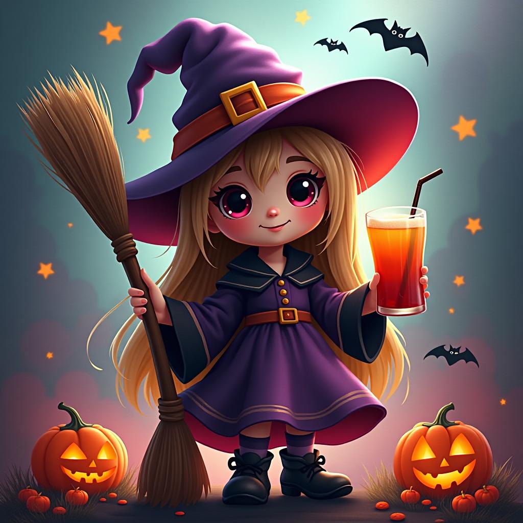  create a digital painting featuring a cute witch character. the witch should be wearing a hat. in one hand, the witch should hold a broomstick, and in the other hand, a halloween themed drink. the background should be colorful and include small black bats, pumpkins and stars to add a playful halloween touch. the overall style should be cute, whimsical, and colorful hyperrealistic, full body, detailed clothing, highly detailed, cinematic lighting, stunningly beautiful, intricate, sharp focus, f/1. 8, 85mm, (centered image composition), (professionally color graded), ((bright soft diffused light)), volumetric fog, trending on instagram, trending on tumblr, HDR 4K, 8K