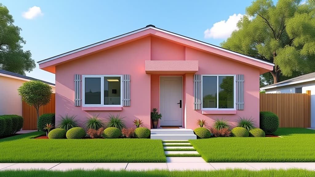  outdoor outside exterior street view of pink neighborhood house or home modern architecture. lawn grass yard, residential suburban building, door, window, entrance