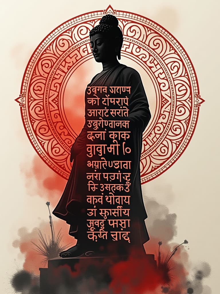  layer 1 (image type): calligram, alcohol ink lettering, ink splashes, crimson and black ink mix. layer 2 (object): abstract sanskrit inscriptions form a silhouette of a sacred buddha statue, text and image are mixed in one picture, the letters repeat the boundaries of the silhouette. layer 3 (background and texture): double exposure, inscriptions and image are mixed with a detailed magical mandala, making up a single image, sacred sanskrit inscriptions. layer 4 (lighting and effects): mixing light and textures creates an effect of unreality, reflects the letters inscribed in the silhouette, chiaroscuro. layer 5 (composition and quality): mixing sanskrit letters and a female silhouette, a balanced composition displaying sanskrit inscribed in hyperrealistic, full body, detailed clothing, highly detailed, cinematic lighting, stunningly beautiful, intricate, sharp focus, f/1. 8, 85mm, (centered image composition), (professionally color graded), ((bright soft diffused light)), volumetric fog, trending on instagram, trending on tumblr, HDR 4K, 8K