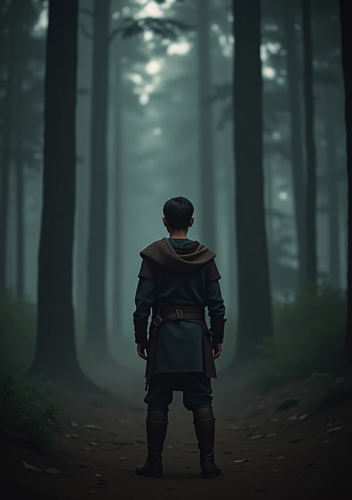  a young warrior named thiago standing in front of a dark, mysterious camp, surrounded by tall trees and shadows. hyperrealistic, full body, detailed clothing, highly detailed, cinematic lighting, stunningly beautiful, intricate, sharp focus, f/1. 8, 85mm, (centered image composition), (professionally color graded), ((bright soft diffused light)), volumetric fog, trending on instagram, trending on tumblr, HDR 4K, 8K