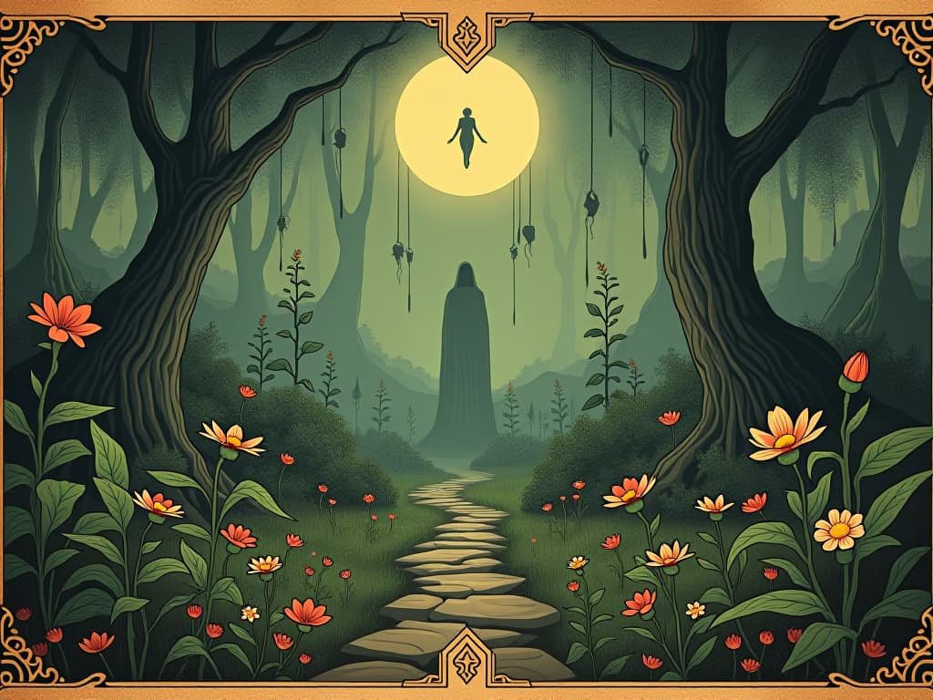  harmonious garden, plants synchronized in growth, divine energy flowing, balanced and serene atmosphere. an illustration in the style of a worn, mystical old tarot trump card, mysterious and elements of surrealism. the colors are muted, somber and eerie, but with contrast bring out an occult and esoteric vibe.