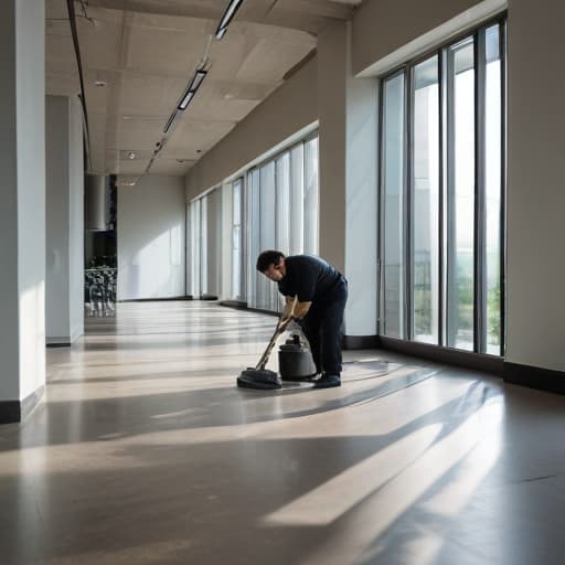 A photo of a technician carefully cleaning a dusty air vent in a spacious, modern office building during the early afternoon, with a soft natural light streaming in from large windows, casting long shadows on the gleaming floors.