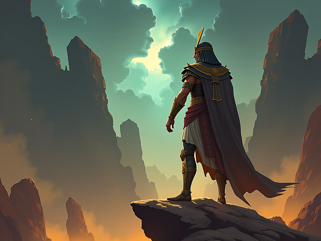  warlord in battle armor, standing on a rocky outcrop, gaze steely with determination, symbolizing unwavering belief in transformative abilities. the style is digital art illustration / modern comic book / mysterious occult, symbolic, esoteric vibe,high detail on character design, incorporating ancient egyptian symbology and attire.