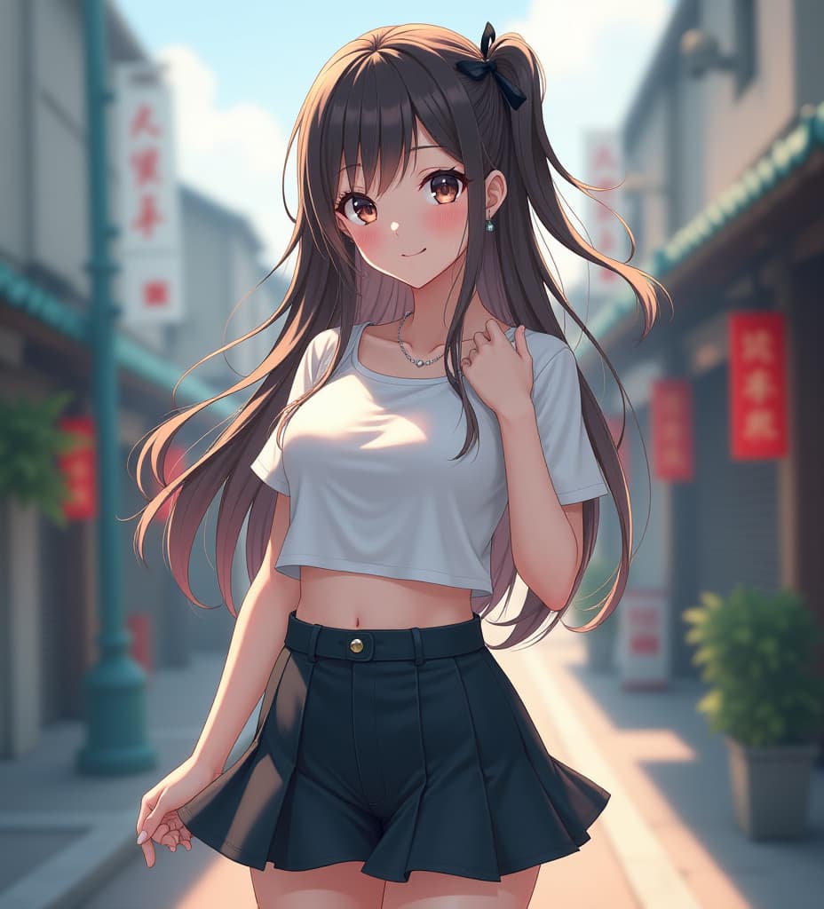  a japanese girl in crop top and short skirt, high quality, high details, hd, perfect composition, 4k epic detailed, highly detailed, sharp focus, high resolution