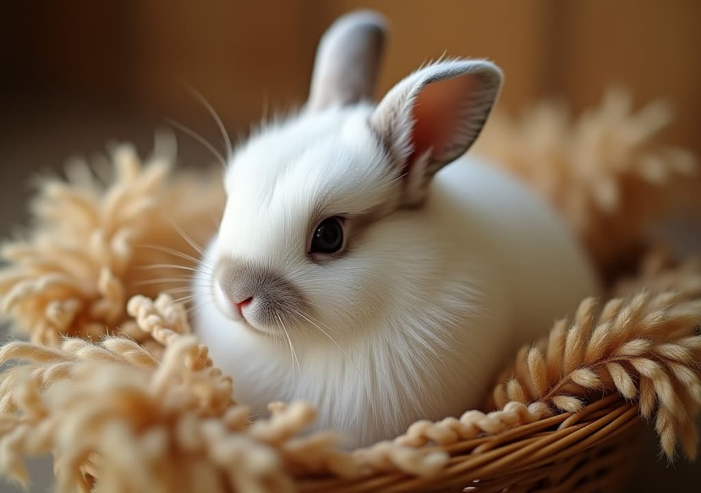  gentle angora rabbit, surrounded by natural fibers in a basket, showcasing its incredibly soft and lightweight fur, creating a sense of comfort and warmth