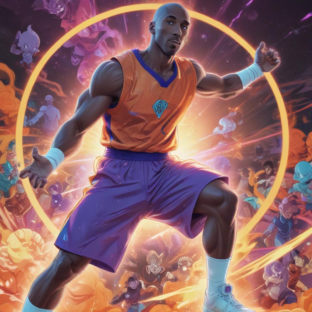 distance-shot, flashy, full-body, dynamic, holographic, animated cartoon poster of kobe scene in the style of dragon ball super