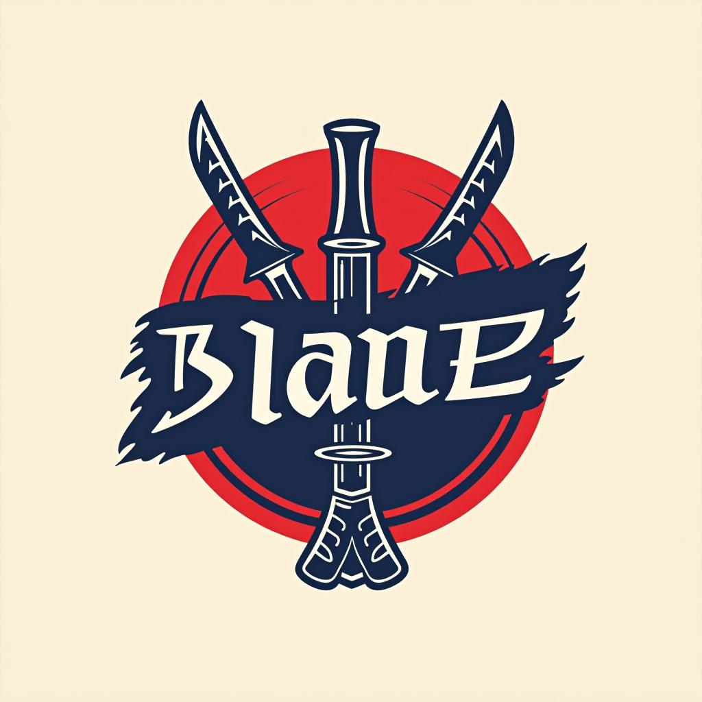  design a logo, emblem logo, with the written text ‘blade’, samurai theme, red and blue.