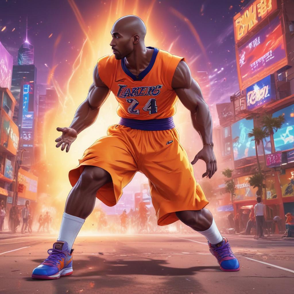 distance-shot, flashy, full-body, dynamic, holographic, animated cartoon poster of kobe scene in the style of dragon ball super