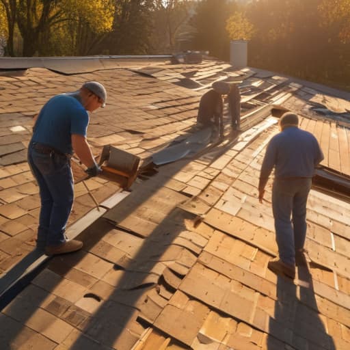 A photo of a group of roofing contractors inspecting a damaged section of a roof on a residential building in the late afternoon sunlight with warm, golden hues casting long shadows across the shingles.