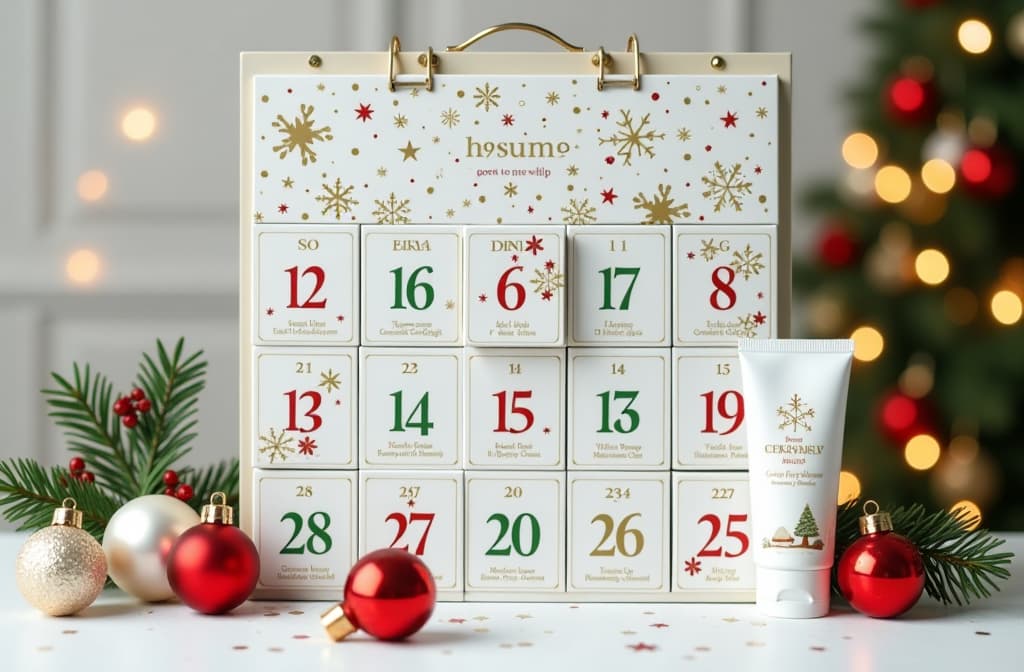  advent christmas calendar with cosmetics with numbers "1 2 3 4 5 6 7 8 9 10 11 12 13 14 15 16 17 18 19 20 21 22 23 24 25 26 27 28 29 30 31" white, green, red, cold colors {prompt}, maximum details