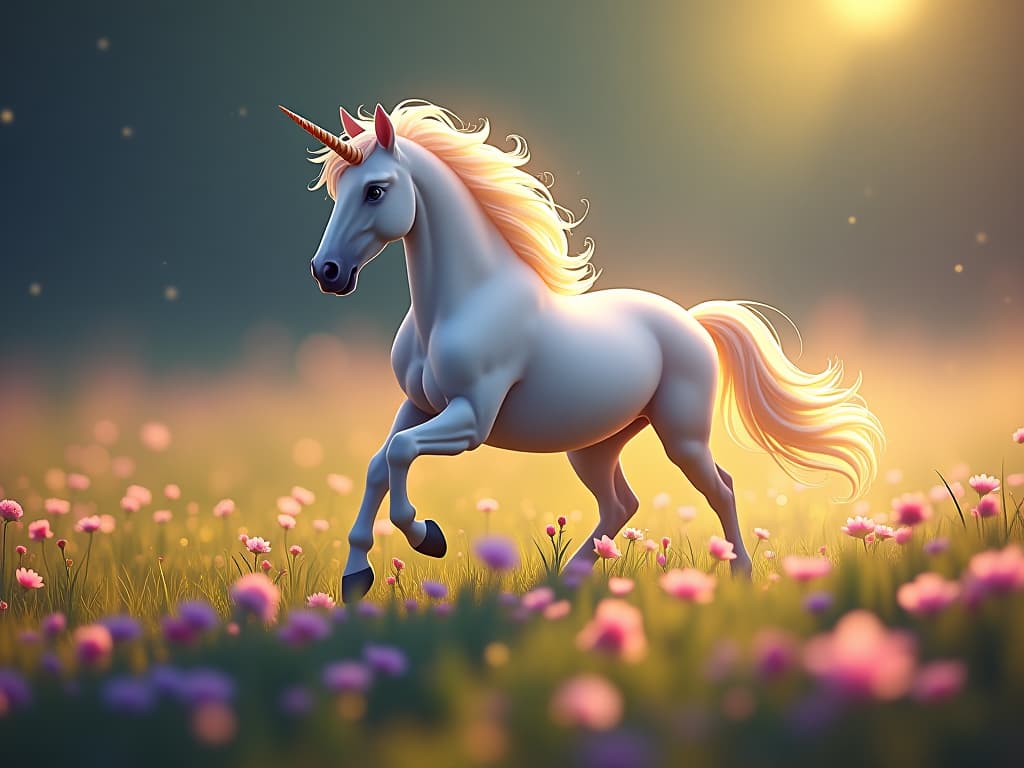  a majestic unicorn galloping across a glowing, magical meadow. ethereal flowers and sparkling dewdrops line its path, symbolizing ascension and forward momentum.. the style is digital art illustration,highly detailed, whimsical,magical, dreamlike atmosphere, realism and fantasy blend, smooth, glossy textures,luminous quality, wonder and enchantment.