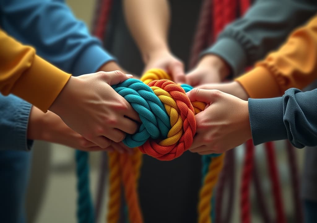  team rope diverse strength connect partnership together teamwork unity communicate support. strong diverse network rope team concept integrate braid color background cooperation empower power.