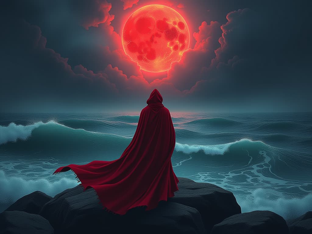  red robed figure, facing a tumultuous sea, storm clouds above, symbolizing fear of social ostracism. the style is digital art illustration / modern comic book / graphic dark novel fantasy and mysterious occult, symbolic, moody lighting, esoteric vibe,high detail on character design. for the color scheme emphasize blacks and reds.