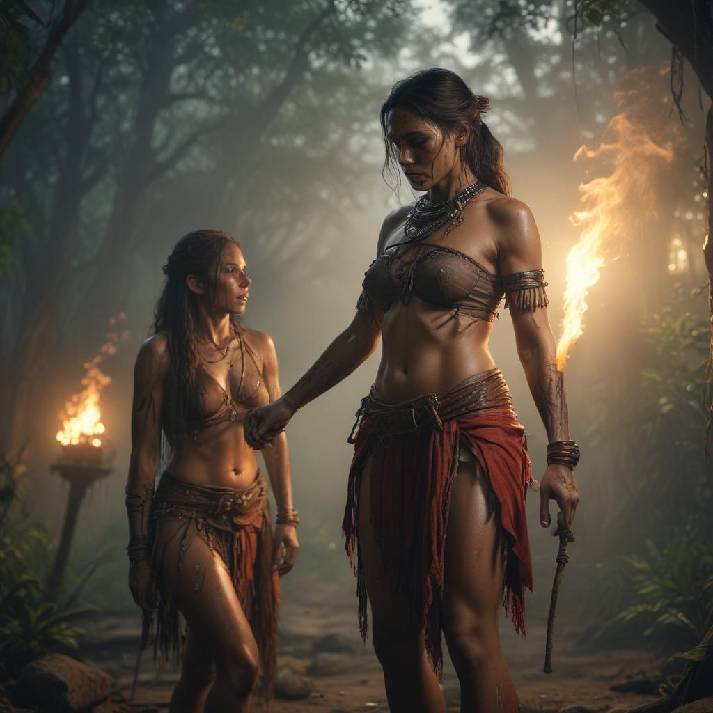 ((masterpiece)),(((best quality))), 8k, high detailed, ultra detailed, A tribal woman being abused and raped by a man, fear, betrayal, horror, (jungle setting), torches hyperrealistic, full body, detailed clothing, highly detailed, cinematic lighting, stunningly beautiful, intricate, sharp focus, f/1. 8, 85mm, (centered image composition), (professionally color graded), ((bright soft diffused light)), volumetric fog, trending on instagram, trending on tumblr, HDR 4K, 8K