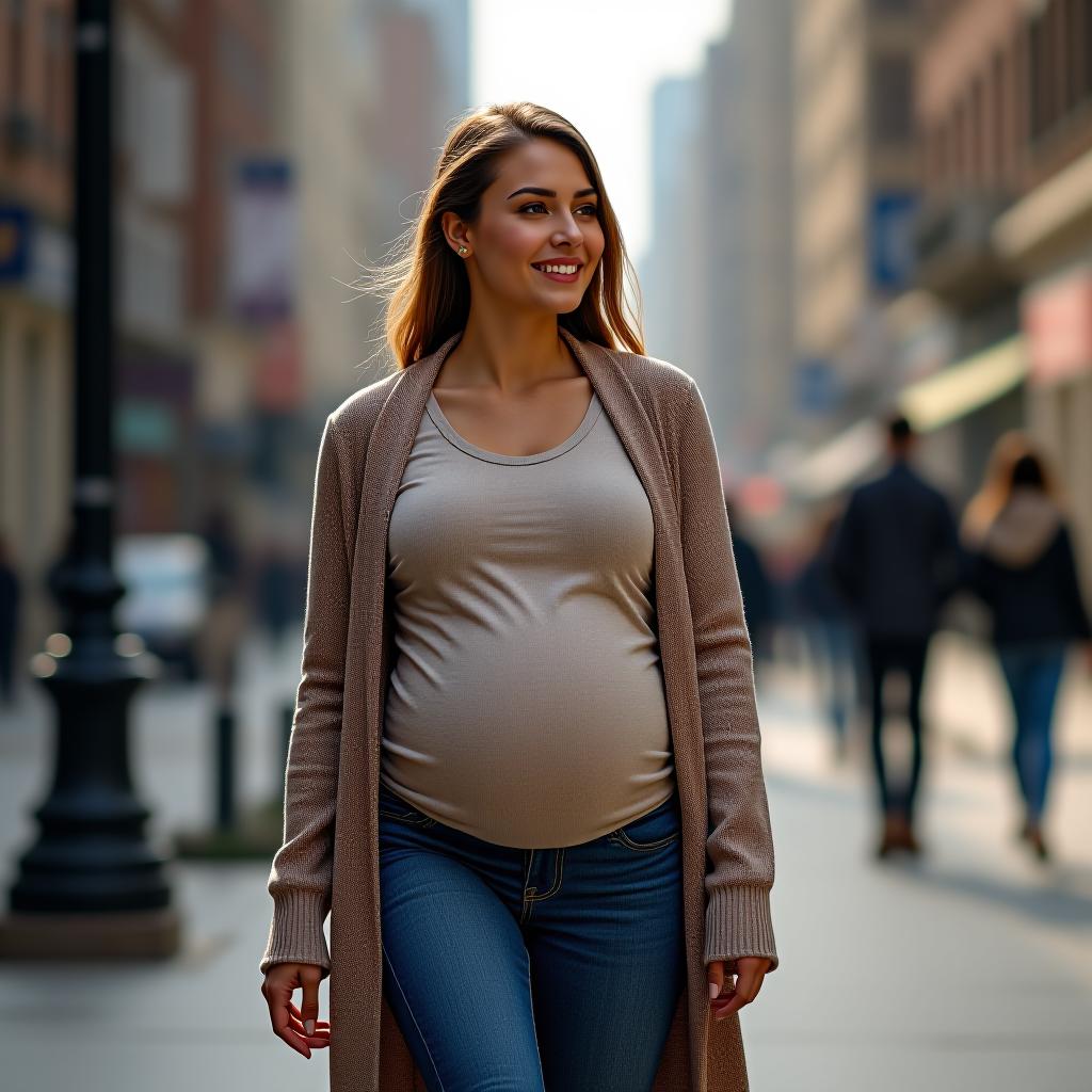  a pregnant woman is walking down a city street.