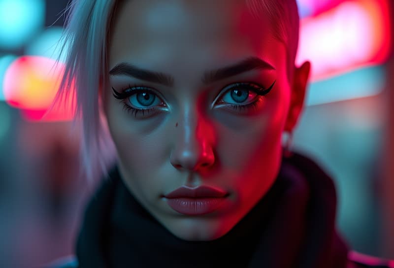  ultra realistic close up portrait ((beautiful pale cyberpunk female with heavy black eyeliner)), blue eyes, shaved side haircut, hyper detail, cinematic lighting, magic neon, dark red city, canon eos r3, nikon, f/1.4, iso 200, 1/160s, 8k, raw, unedited, symmetrical balance, in frame, 8k hyperrealistic, full body, detailed clothing, highly detailed, cinematic lighting, stunningly beautiful, intricate, sharp focus, f/1. 8, 85mm, (centered image composition), (professionally color graded), ((bright soft diffused light)), volumetric fog, trending on instagram, trending on tumblr, HDR 4K, 8K