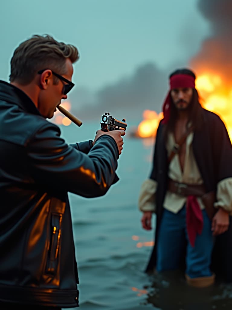  cinematic film still a picture from the movie, terminator cyborg in sunglasses and a black leather jacket with a silver revolver in his hands and a cigar in his mouth aims at a pirate with black hair and blue eyes in a red bandana, a black robe worn over a white shirt, blue pants, brown boots who emerges from the water, the picture is illuminated by the dim light of explosions. . shallow depth of field, vignette, highly detailed, high budget, bokeh, cinemascope, moody, epic, gorgeous, film grain, grainy