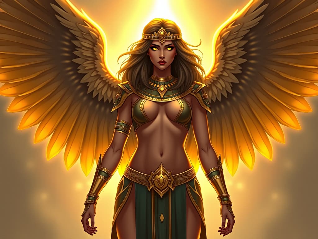  golden ethereal wings unfurled behind a large busted angel in celestial armor, her eyes glowing with divine light, a powerful aura emanating from her, symbolizing angelic essence. the style is digital art illustration / modern comic book / mysterious occult, symbolic, esoteric vibe,high detail on character design, incorporating ancient egyptian symbology and attire.