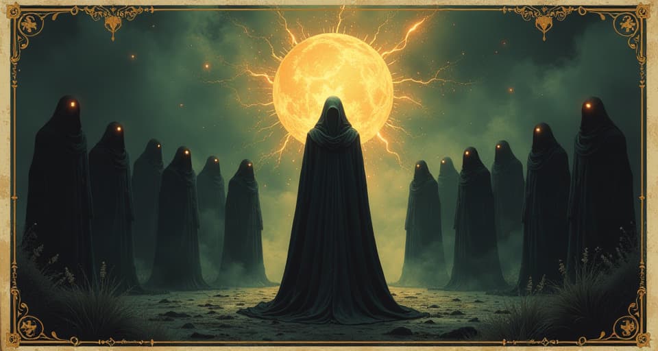  a group of shadowy figures fading into the background, central figure glowing with inner light, transformation, changing dynamics. an illustration in the style of a worn, mystical old tarot trump card, mysterious and elements of surrealism. the colors are muted, somber and eerie, but with contrast bring out an occult and esoteric vibe.