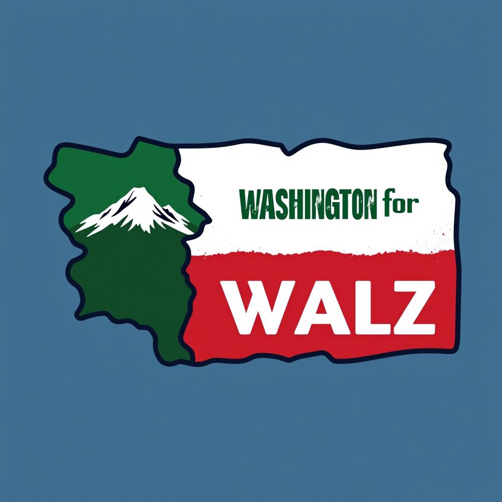  a tshirt design inspired by the washington state flag. the left side features a green vertical stripe with a large mountain in the center. the right side is divided into two horizontal sections: the top section is white with the text 'washington for' in bold, green, uppercase letters, and the bottom section is red with the text 'harris walz' in bold, white, uppercase letters. the overall layout is clean and straightforward, with a clear and patriotic color scheme of blue, white, and red.